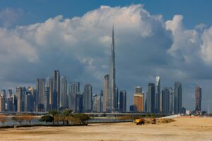 Aerial view of the Dubai skyline at sunset