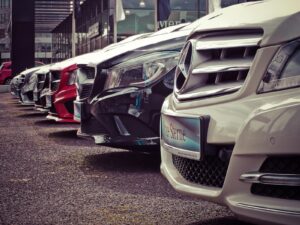 Row of cars parked at a rental lot